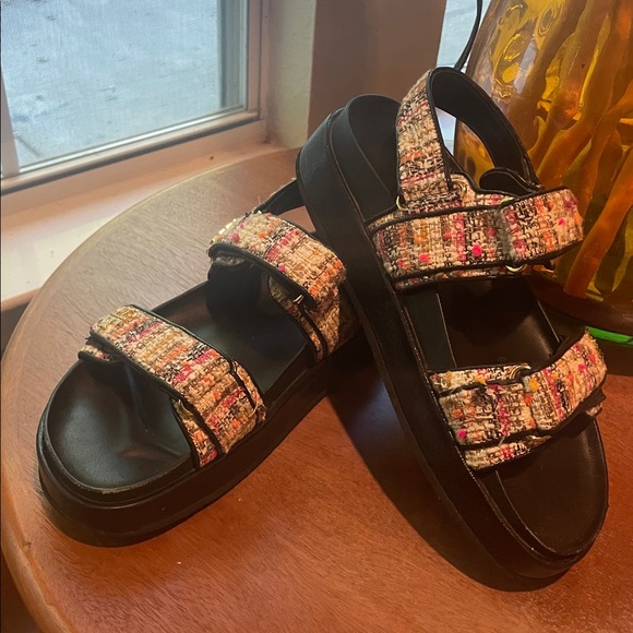 Tory Burch Kira Sport Tweed Bouclé Velcro Sandals Cream Multi | Women’s 8.5 - Picture 3 of 16